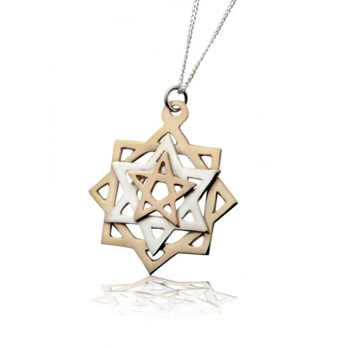 Tikun Hava Kabbalah Pendant Necklace, Three Stars in Gold and Silver - Ha'Ari