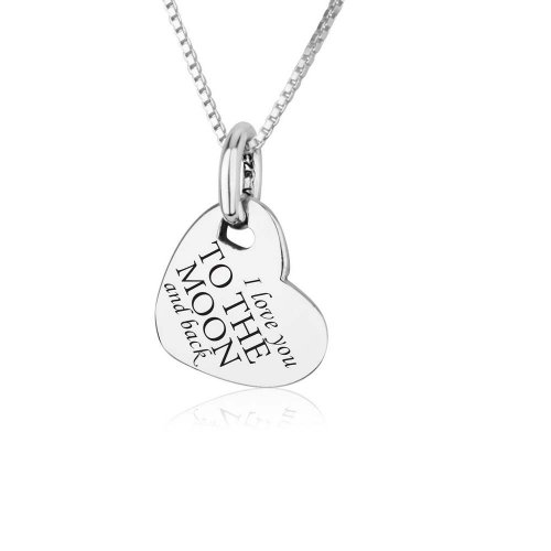 Tilted Heart Pendant Necklace, I Love You to the Moon and Back - Sterling Silver