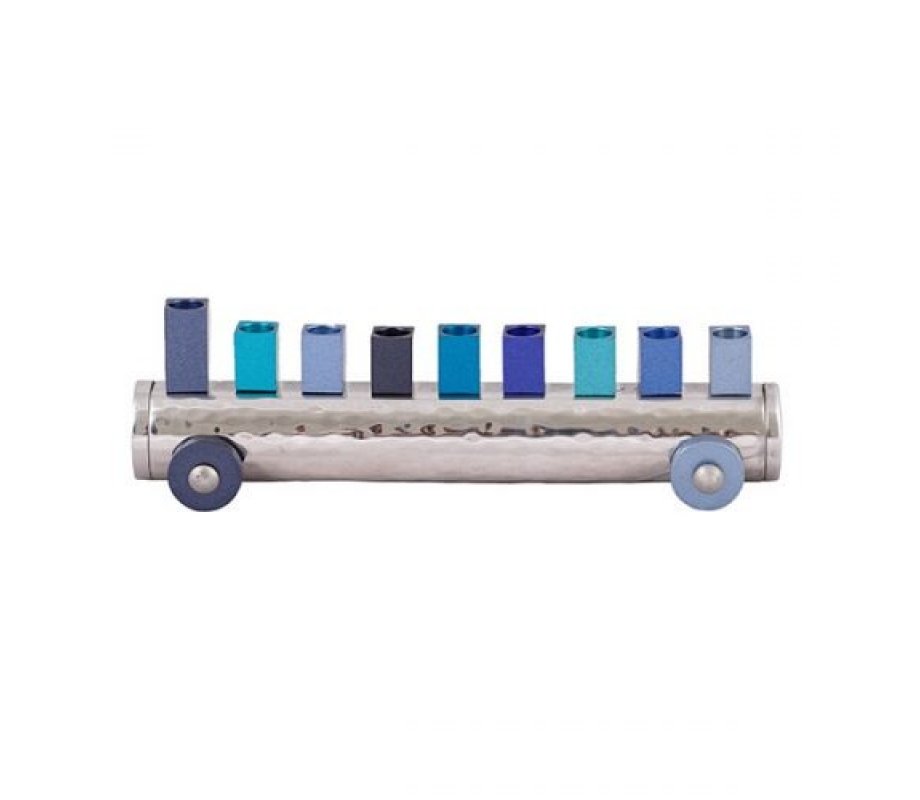 Train Hanukkah Menorah Hammered Aluminum Blue Shades - Yair Emanuel