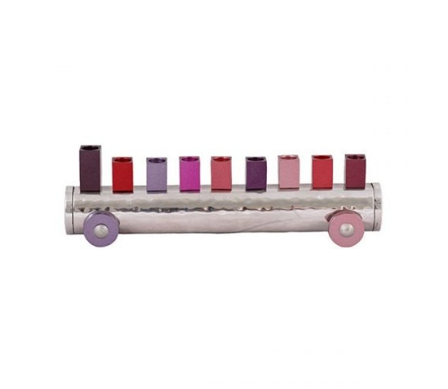 Train Hanukkah Menorah Hammered Aluminum, Red and Pink Shades - Yair Emanuel