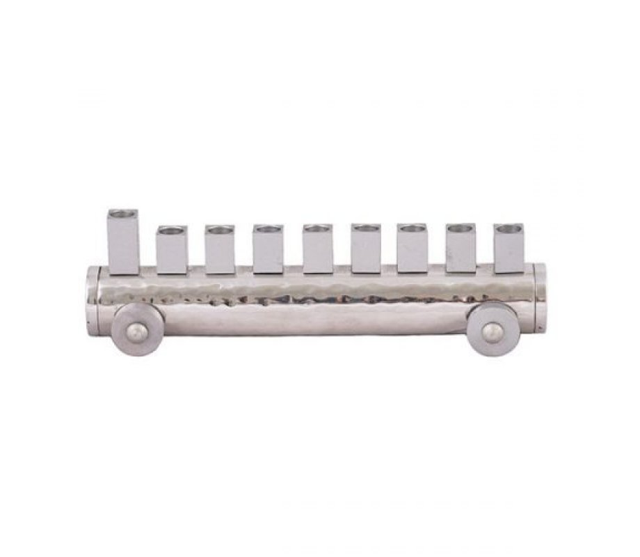 Train Hanukkah Menorah Hammered Aluminum, Silver - Yair Emanuel