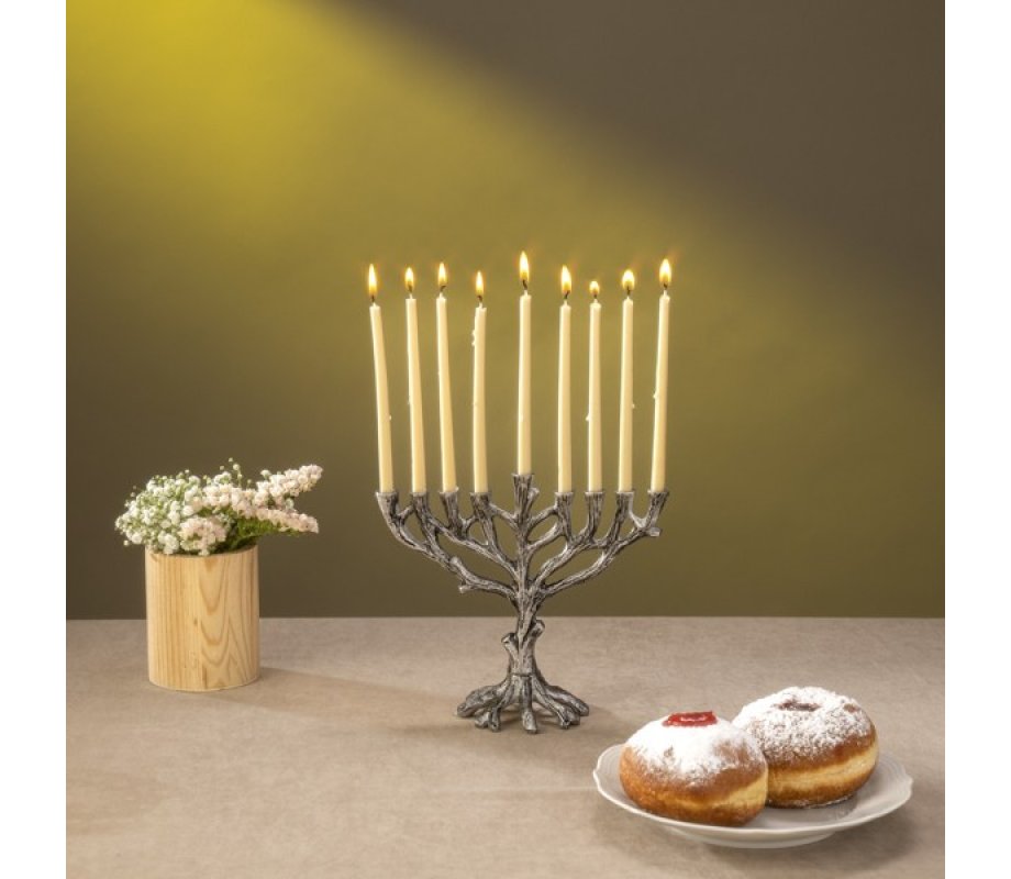 Tree of Life Metal Chanukah Menorah, Silver Color - Yair Emanuel
