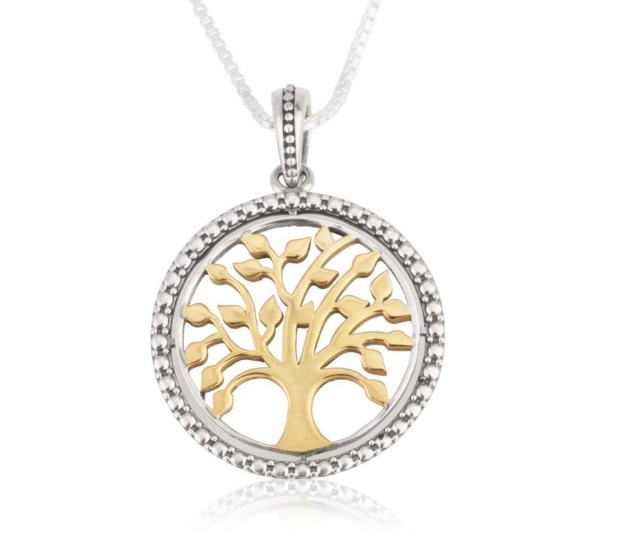 Tree of Life Pendant Necklace in Circular Pendant - Sterling Silver and 14K Gold Plate