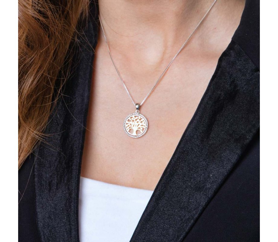 Tree of Life Pendant Necklace in Circular Pendant - Sterling Silver and 14K Gold Plate