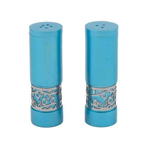 Turquoise Aluminum Salt and Pepper Set, Ornate Pomegranate Band - Yair Emanuel