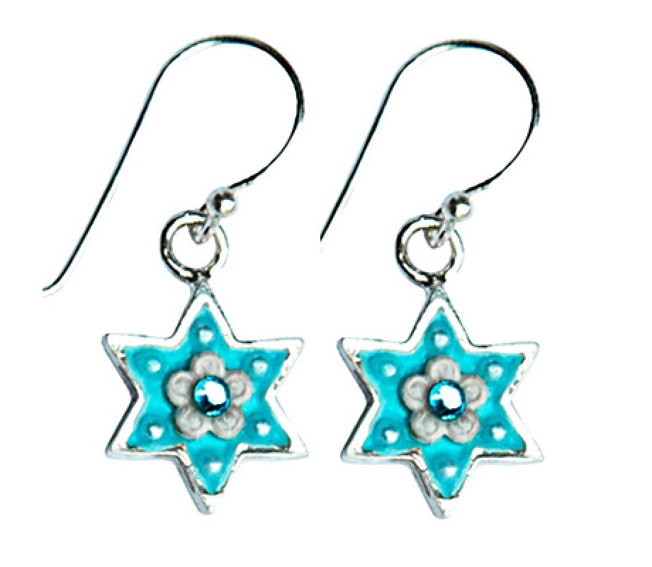 Turquoise Color and Silver Star of David Earrings - Shahaf
