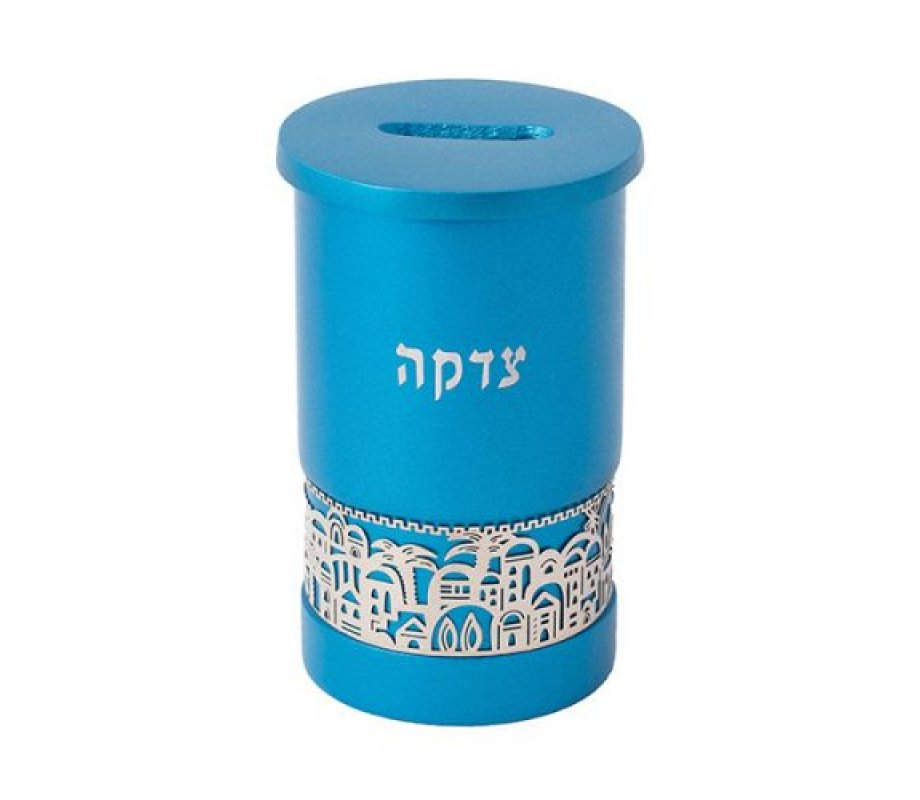 Turquoise Cylinder Charity Tzedakah Box, Cutout Jerusalem Images - Yair Emanuel