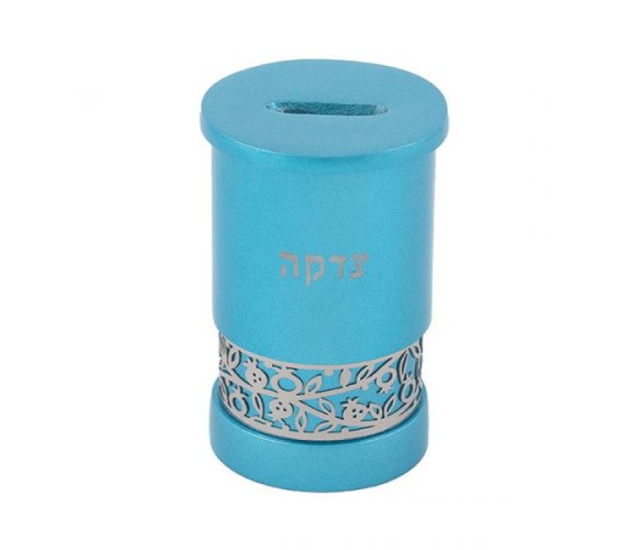 Turquoise Metal Cylinder Charity Tzedakah Box, Cutout Pomegranates - Yair Emanuel