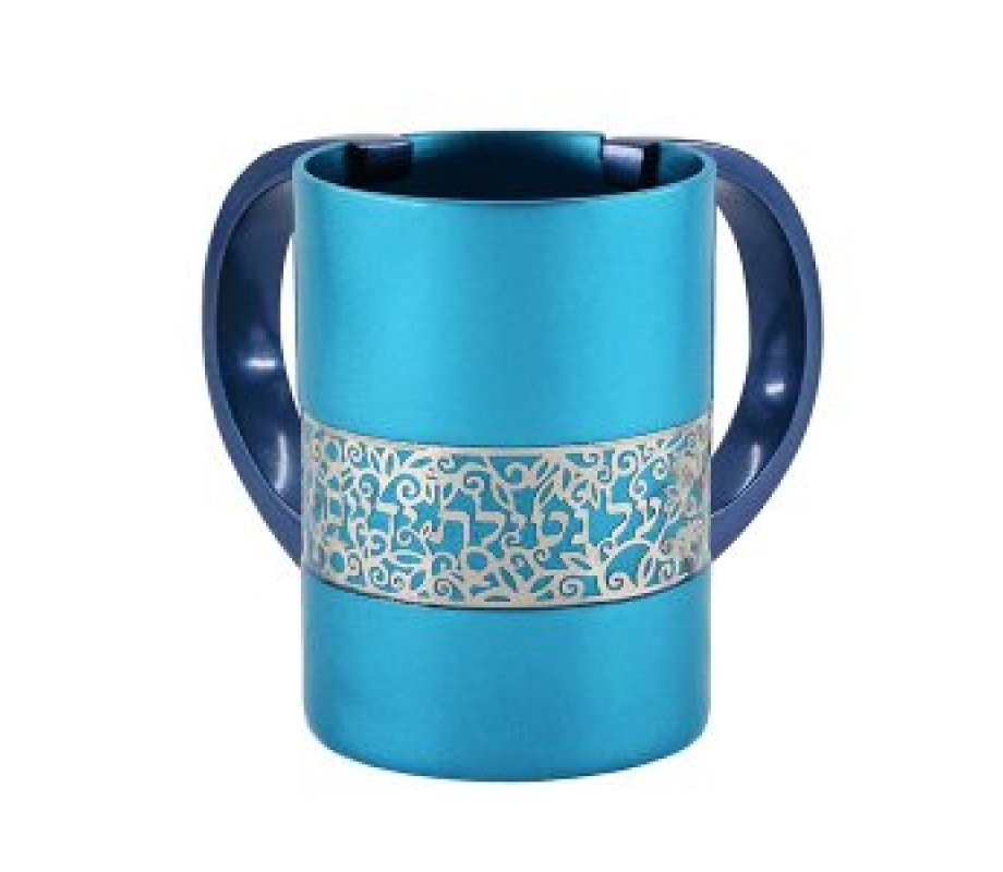 Turquoise Netilat Yadayim Wash Cup, Silver Pomegranates on Band - Yair Emanuel