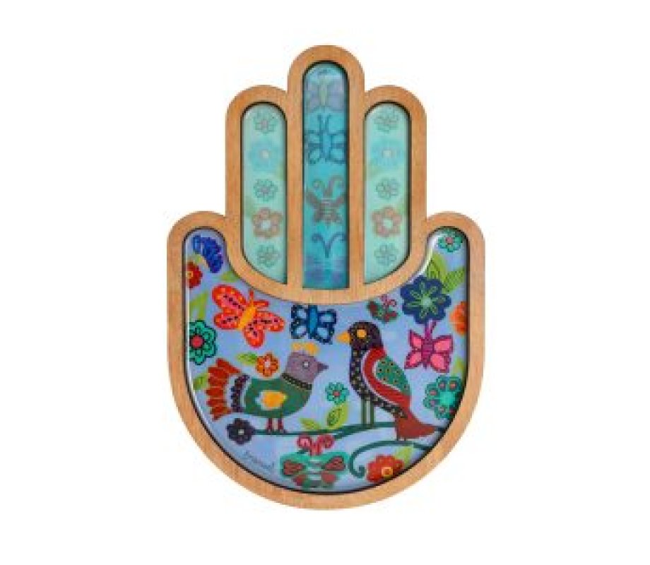 Two Layer Wood Wall Hamsa with Enamel Finish, Pastoral Scene - Yair Emanuel