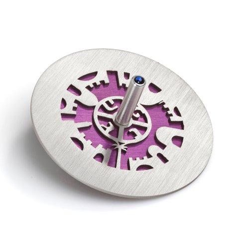 Two Tone Chanukah Dreidel and Stand Jerusalem with Cutout Design, Purple - Adi Sidler