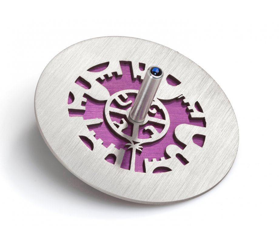 Two Tone Chanukah Dreidel and Stand Jerusalem with Cutout Design, Purple - Adi Sidler