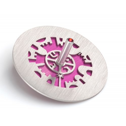 Two Tone Chanukah Dreidel and Stand with Cutout Jerusalem Design, Pink - Adi Sidler