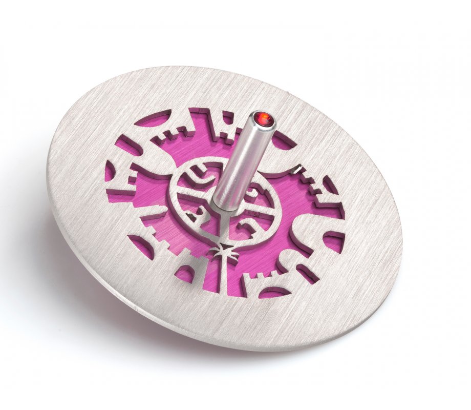 Two Tone Chanukah Dreidel and Stand with Cutout Jerusalem Design, Pink - Adi Sidler