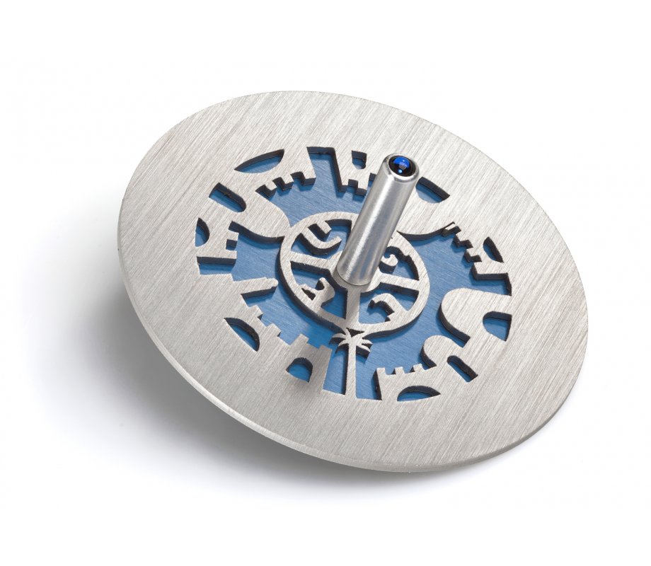 Two Tone Chanukah Dreidel and Stand with Cutout Jerusalem Design, Purple - Adi Sidler