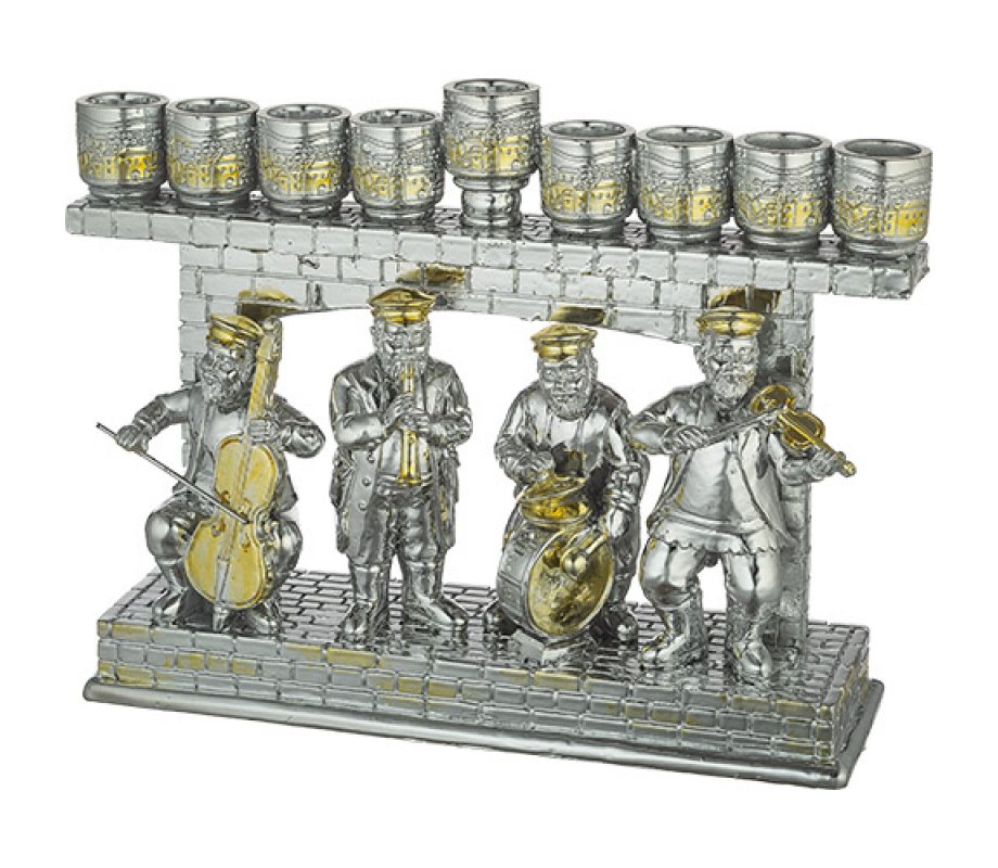 Two Tone Chanukah Menorah with Chassidic Figures Design - For Use with Oil