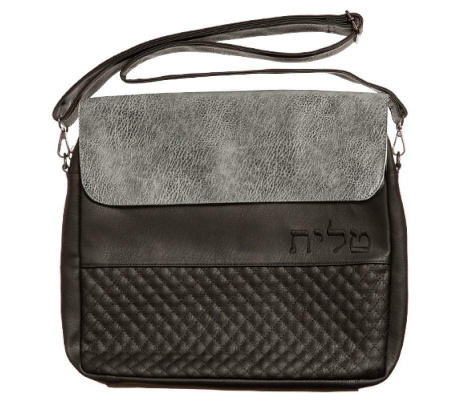 Two Tone Faux Leather Prayer Shawl Bag with Shoulder Strap - Black and Gray