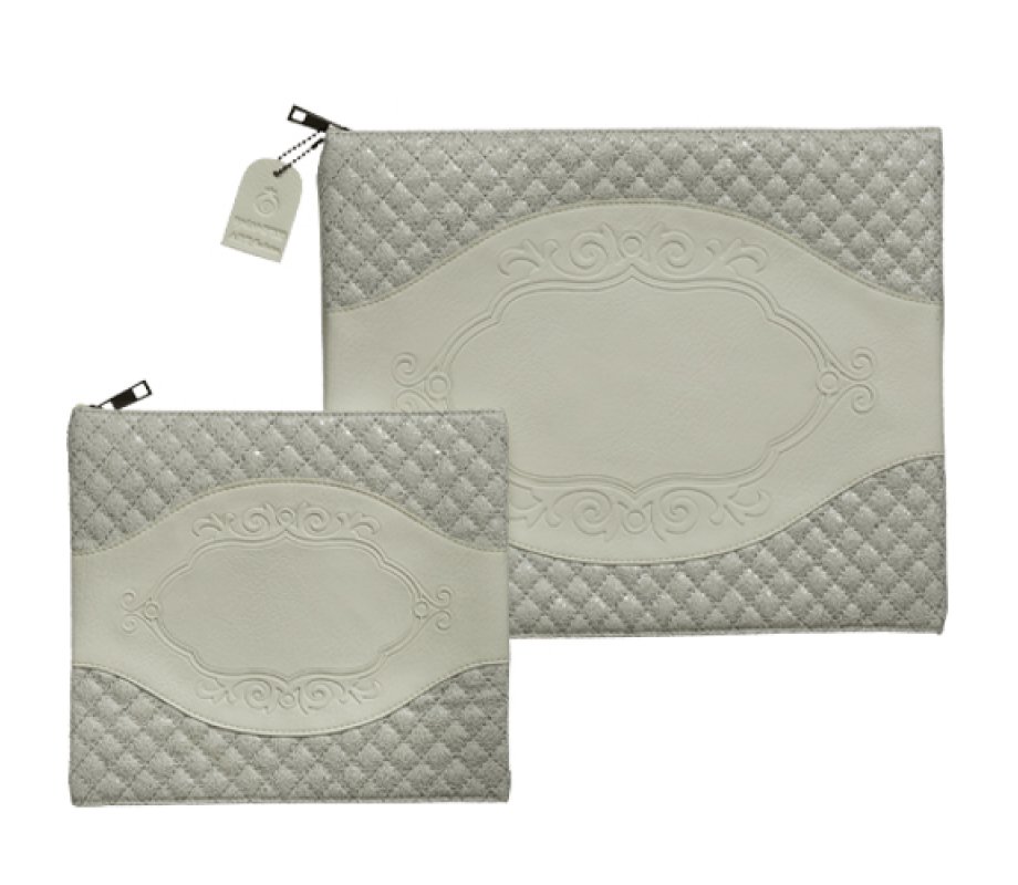 Two Tone Faux Leather Tallit and Tefillin Bag Set with - Gray and Off White