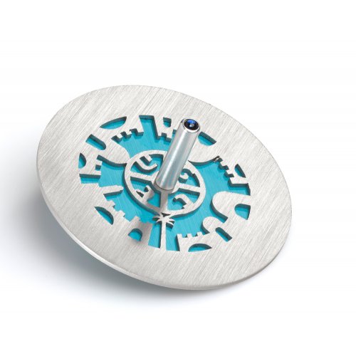 Two Tone Hanukkah Dreidel and Stand with Cutout Jerusalem Design, Turquoise - Adi Sidler