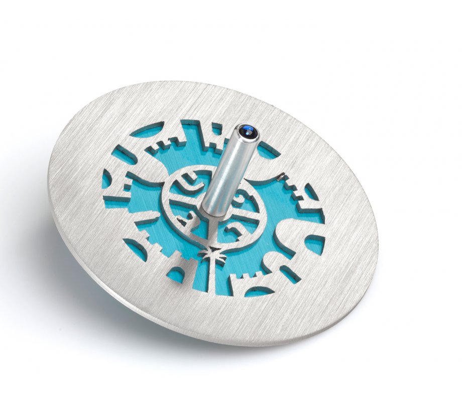 Two Tone Hanukkah Dreidel and Stand with Cutout Jerusalem Design, Turquoise - Adi Sidler