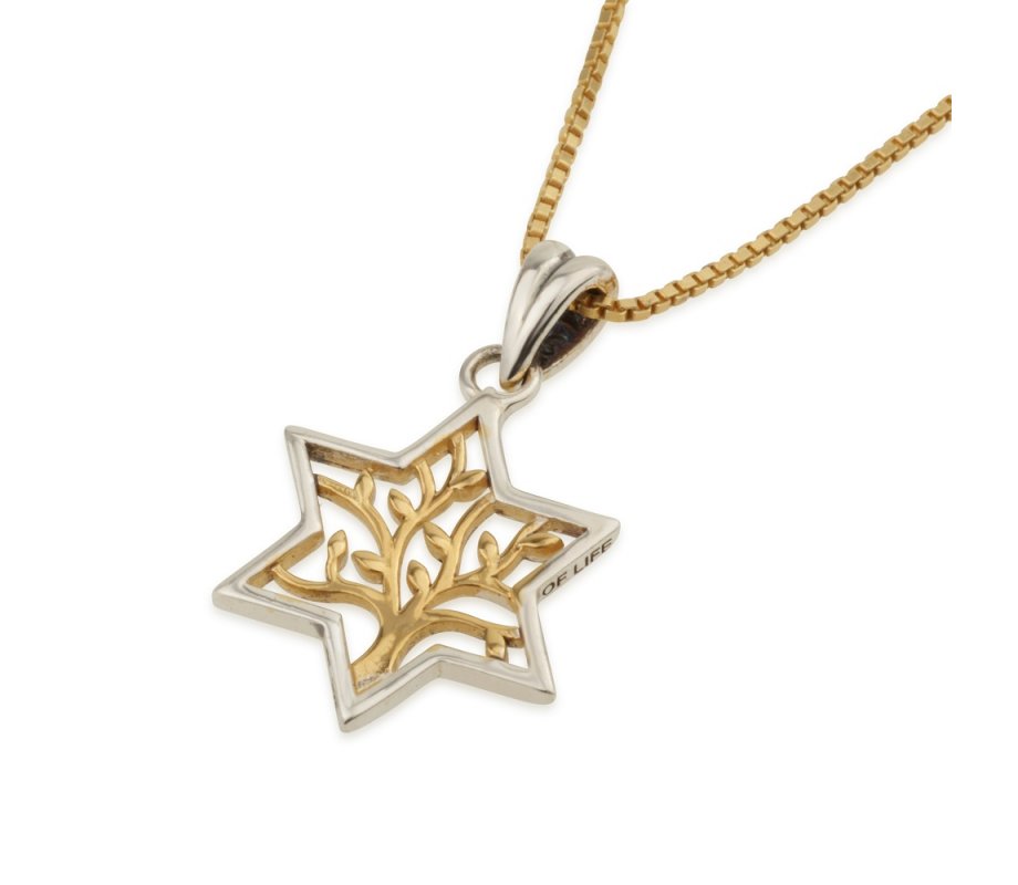 Two Tone Pendant Necklace, Sterling Silver Star of David and Gold Plate Tree of Life