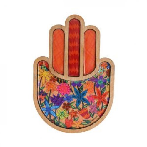 Two-Layer Wood Wall Hamsa with Colorful Floral Display, Enamel Finish - Yair Emanuel