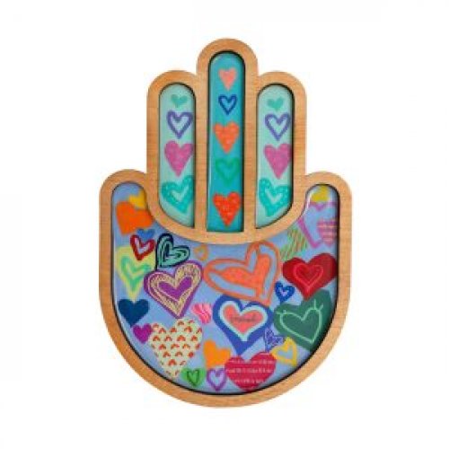 Two-Layer Wood Wall Hamsa with Enamel Finish, Colorful Hearts - Yair Emanuel