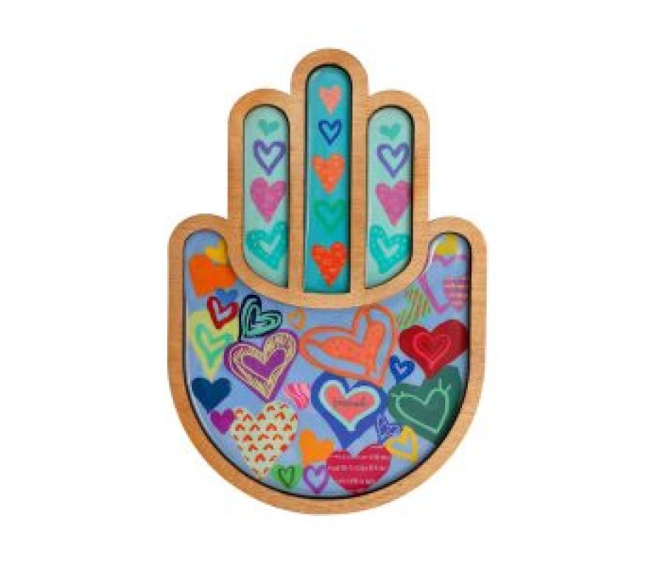 Two-Layer Wood Wall Hamsa with Enamel Finish, Colorful Hearts - Yair Emanuel