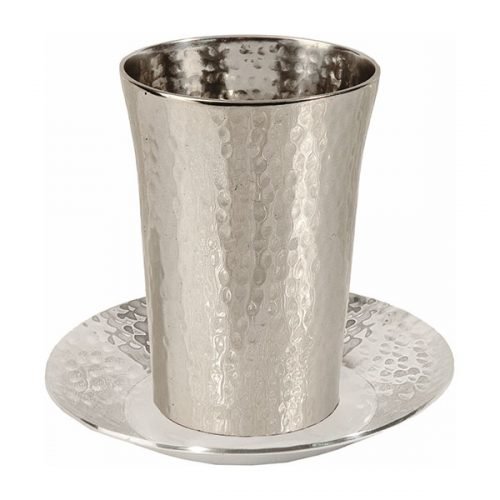 Unadorned Kiddush Cup and Plate, Hammered Nickel - Yair Emanuel