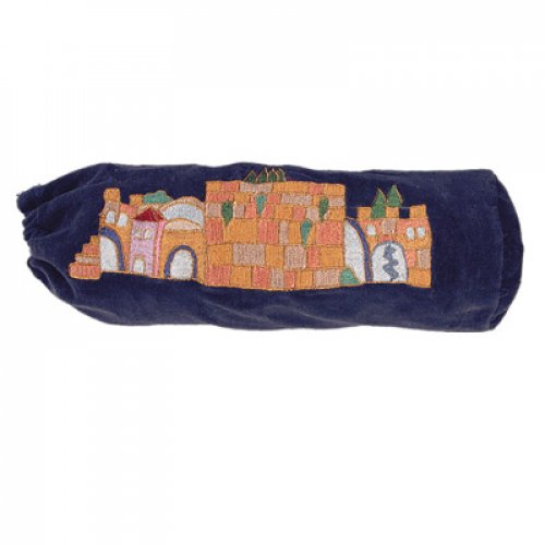 Velvet Shofar Pouch for Rams Horn Navy, Jerusalem View - Yair Emanuel