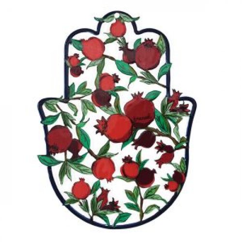 Wall Hamsa, Handmade with Enamel Finsih, Red Pomegranates Design - Yair Emanuel