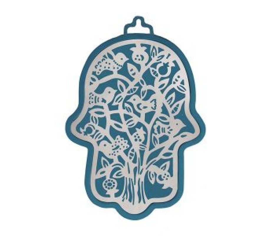Wall Hamsa, Overlay of Cutout Tree and Bird Images, Silver on Blue - Yair Emanuel