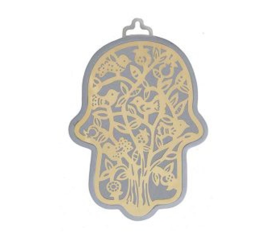 Wall Hamsa, Overlay of Cutout Tree and Birds, Gold on Silver - Yair Emanuel