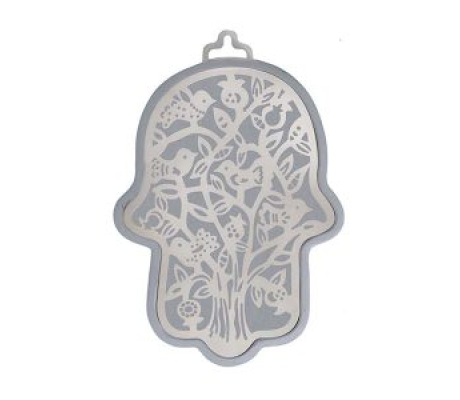 Wall Hamsa, Overlay of Cutout Tree and Birds, Silver on Silver - Yair Emanuel