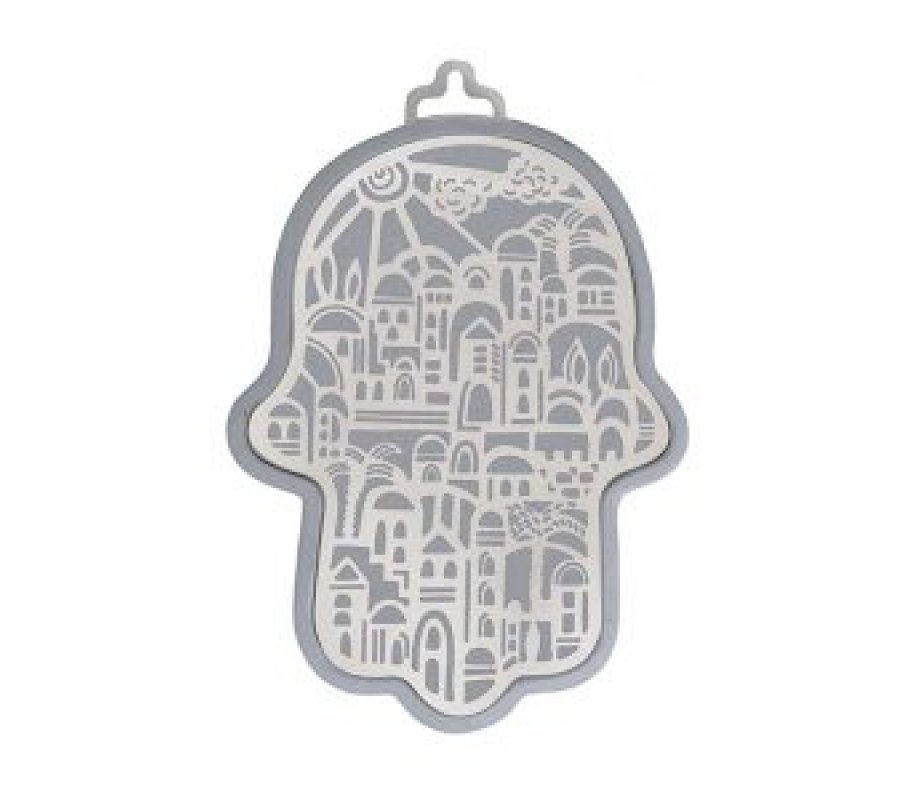 Wall Hamsa with Overlay Cutout of Jerusalem Images, Silver on Silver - Yair Emanuel