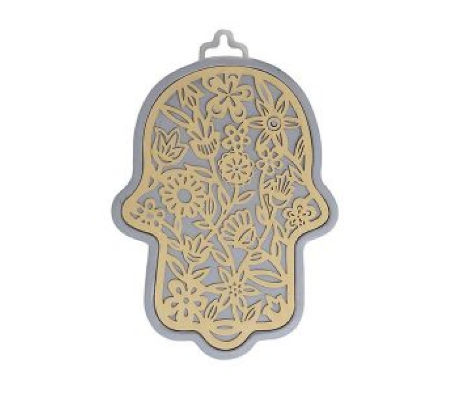 Wall Hamsa with Overlay of Cutout Floral Display, Gold on Silver - Yair Emanuel