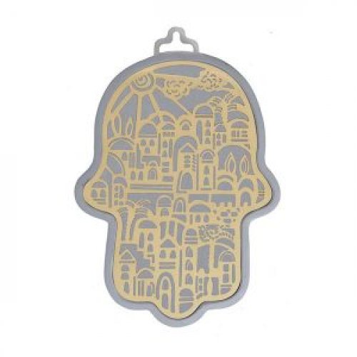 Wall Hamsa with Overlay of Cutout Jerusalem Images, Gold on Silver - Yair Emanuel