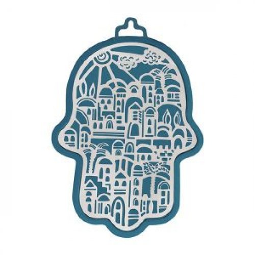 Wall Hamsa with Overlay of Cutout Jerusalem Images, Silver on Blue - Yair Emanuel