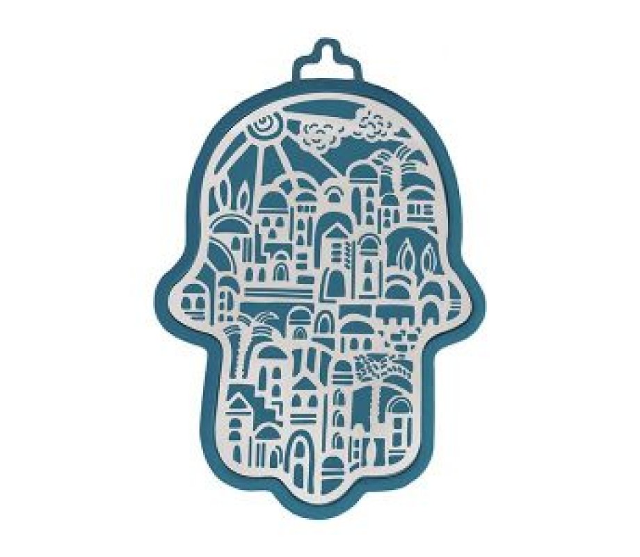 Wall Hamsa with Overlay of Cutout Jerusalem Images, Silver on Blue - Yair Emanuel