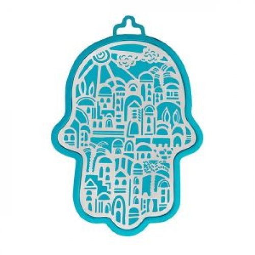 Wall Hamsa with Overlay of Cutout Jerusalem Images, Silver on Turquoise - Yair Emanuel