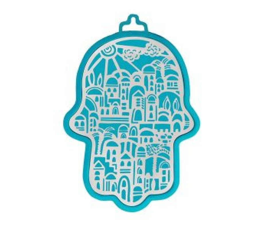 Wall Hamsa with Overlay of Cutout Jerusalem Images, Silver on Turquoise - Yair Emanuel