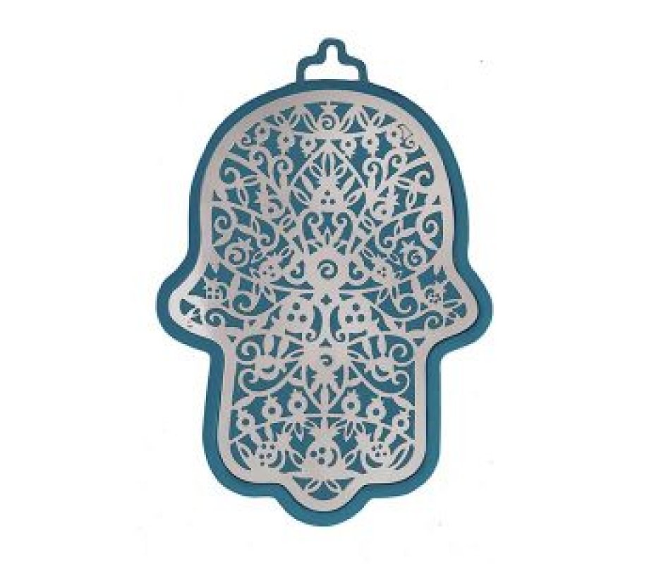 Wall Hamsa with Overlay of Pomegranate Images, Silver on Blue - Yair Emanuel