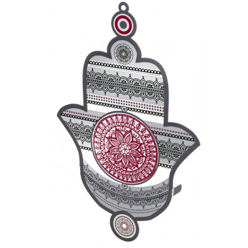 Wall Hamsa with Red and Gray Mandala Design - Dorit Judaica