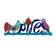 Wall Key Hanger with Colorful Birds and Shalom in Hebrew - Yair Emanuel