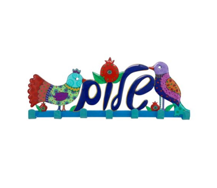 Wall Key Hanger with Colorful Birds and Shalom in Hebrew - Yair Emanuel
