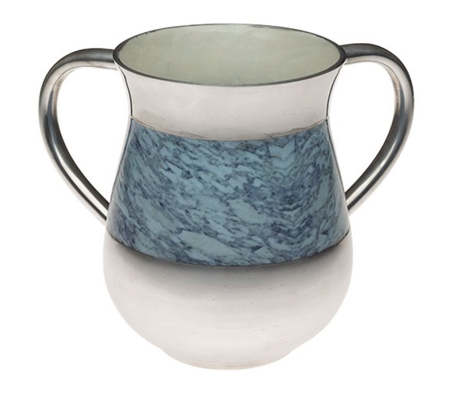 Wash Cup for Netilat Yadayim, Turquioise Marble Panel on White - Aluminum