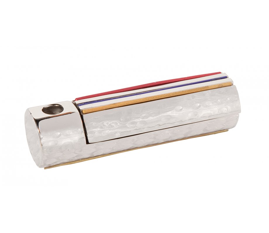 White Compact Aluminum Hanukkah Menorah with Colored Stripes - Yair Emanuel
