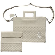White Faux Leather Tallit and Tefillin Bag Set, Breslev Silver HaEsh Sheli Motif