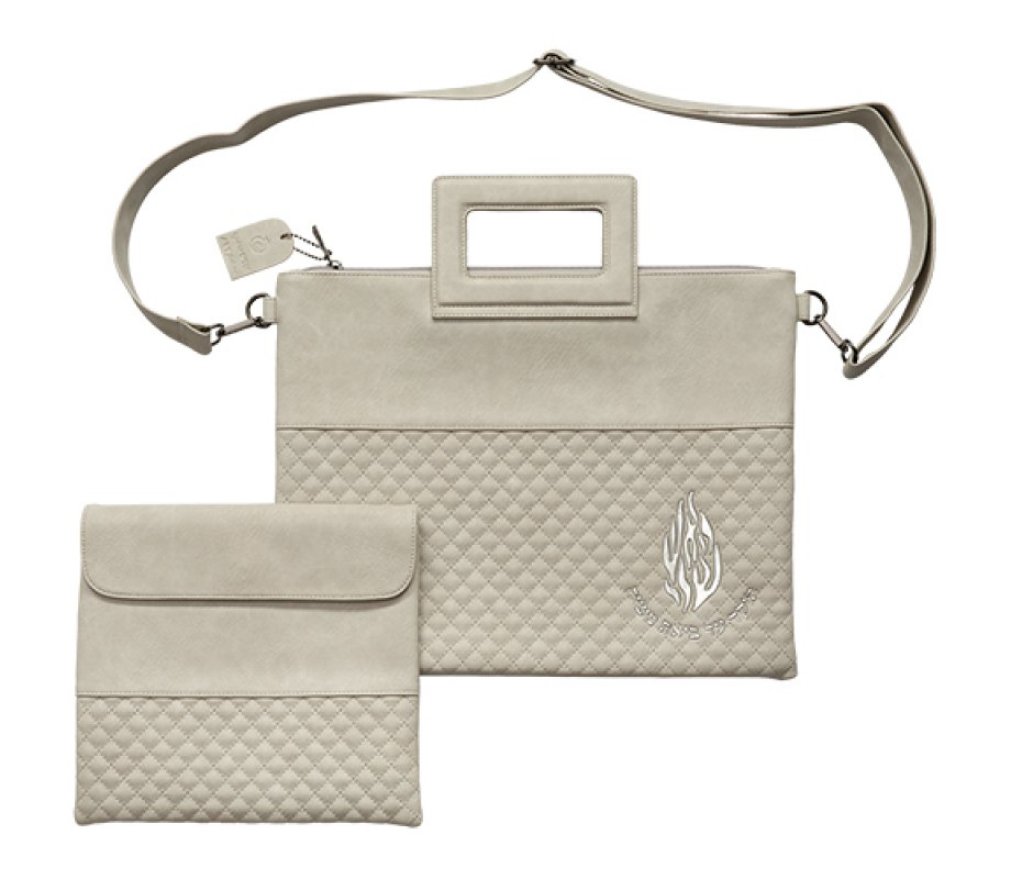 White Faux Leather Tallit and Tefillin Bag Set, Breslev Silver HaEsh Sheli Motif