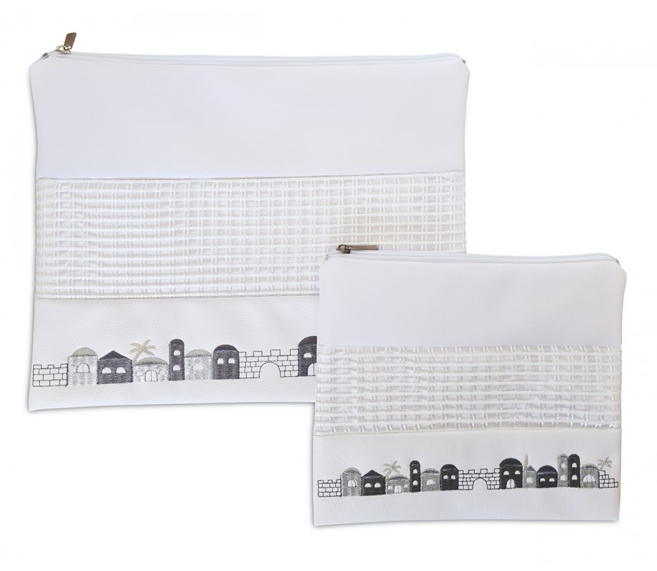 White Faux Leather Tallit and Tefillin Bag Set - Gray and Silver Jerusalem Images